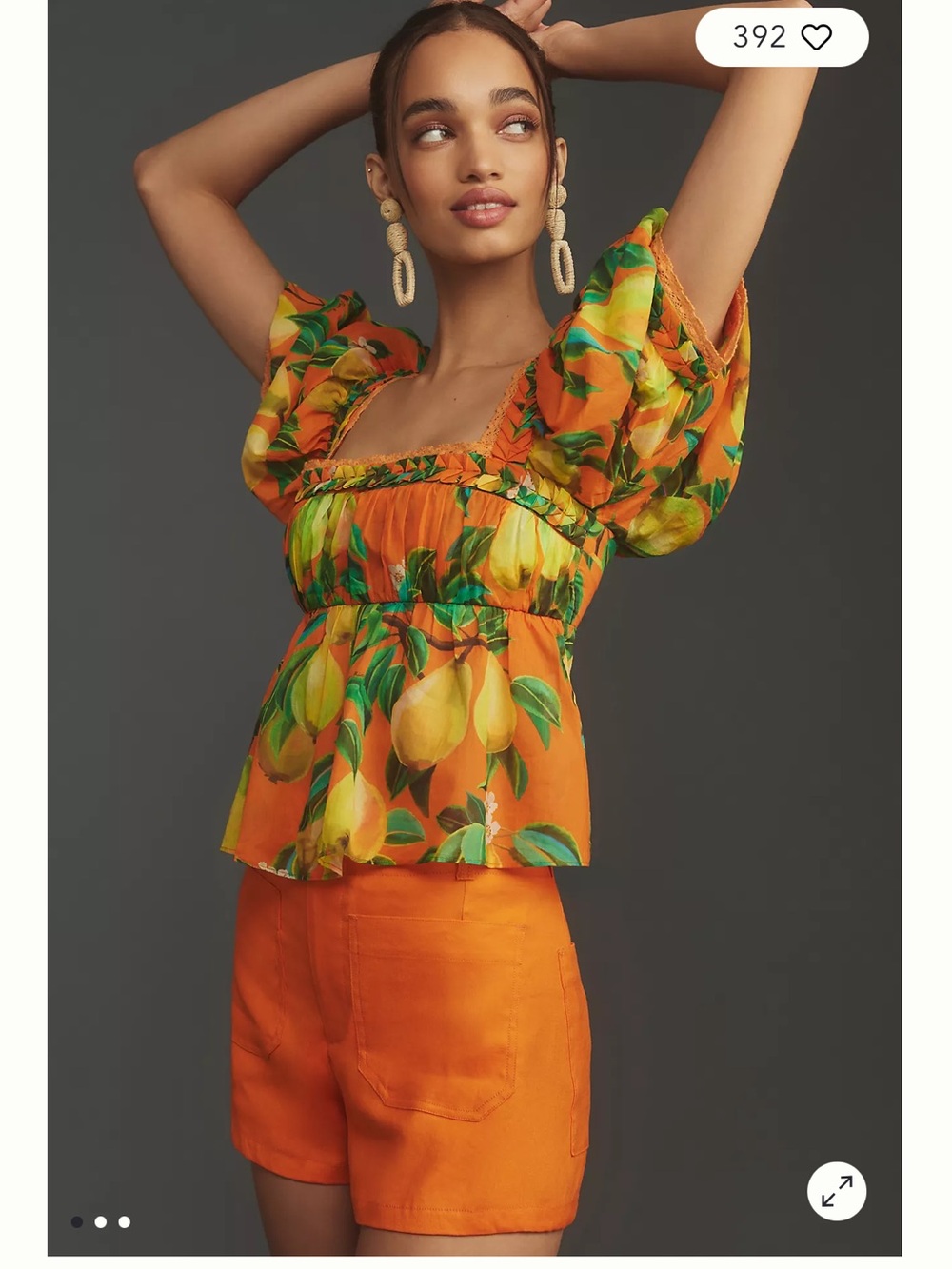 Farm Rio Blouse Puff Sleeve Chic Pears Tropical Beach Resort